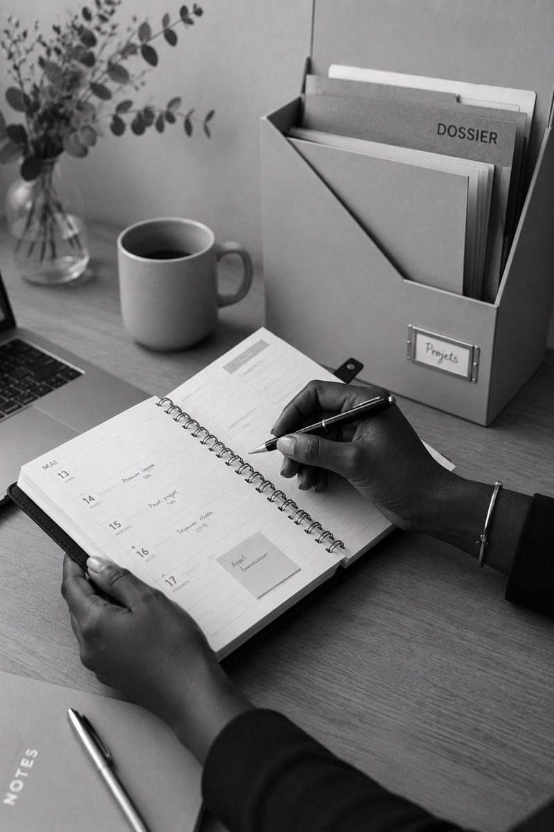 Mains tenant un agenda ouvert, dossier et tasse de café posés sur un bureau